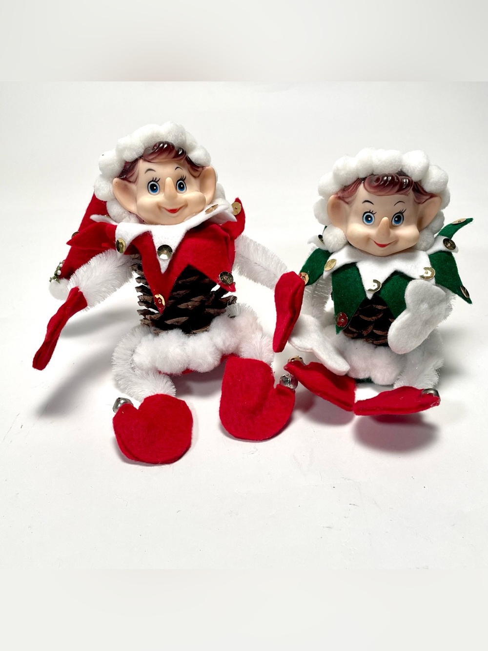 Vintage Pinecone Christmas Elf Pixie Figures Set of 2 Retro Jingle Bell Decor - Picture 3 of 7